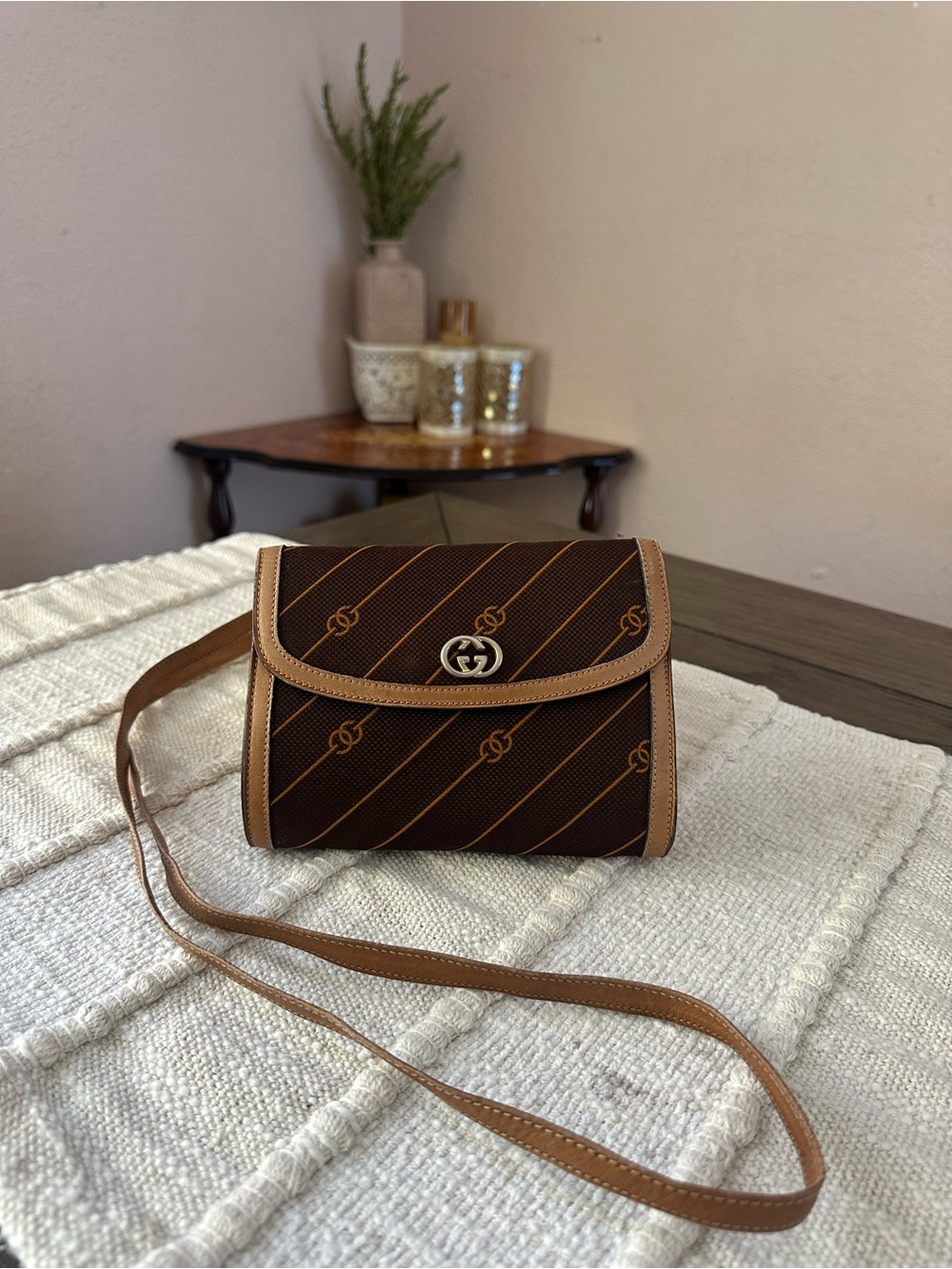 Gucci Brown and Tan GG Stripe Crossbody Bag